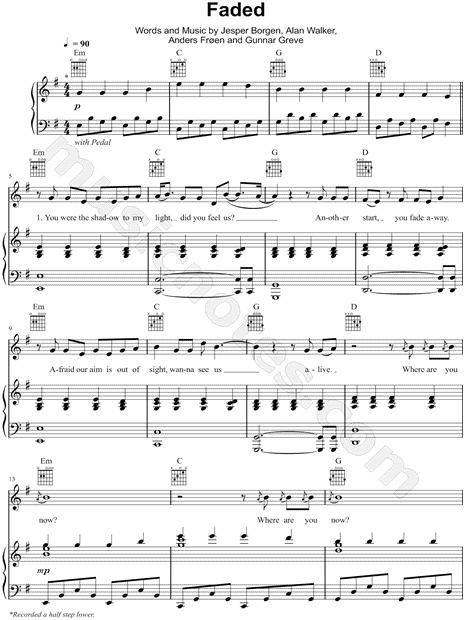 Postscript Not essential Venture Alan Walker "Faded" Sheet Music in G Major (transposable) - Download &  Print - SKU: MN0160271