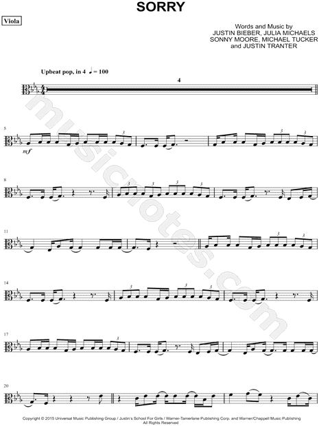 Justin Bieber Sorry Viola Sheet Music In Eb Major Download Print Sku Mn0160308