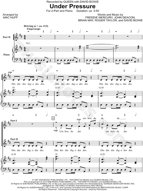 Queen "Under Pressure" (arr. Mac Huff) 2-Part Choir + Choral Sheet Music in D Major - Download & Print - SKU: MN0160730