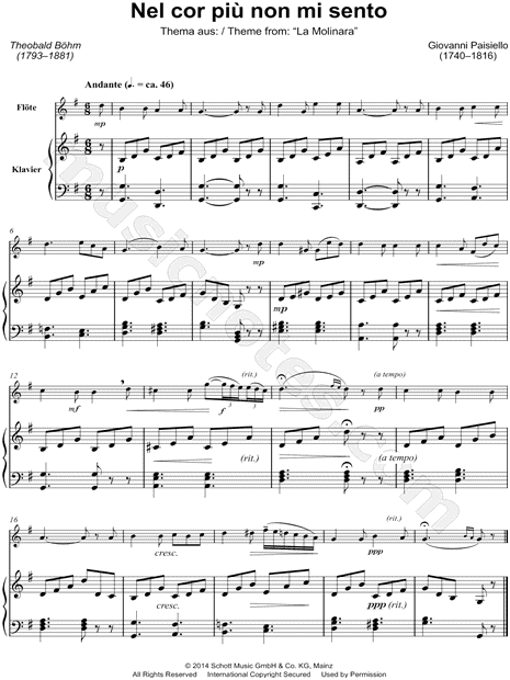 Giovanni Paisiello La Molinara Nel Cor Piu Non Mi Sento Flute Piano Sheet Music In C Major Download Print Sku Mn