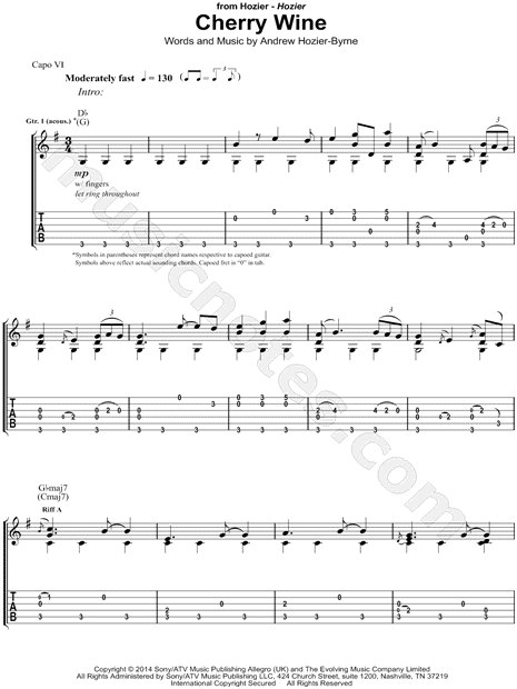 Print and download Hozier Cherry Wine Guitar TAB Transcription. 
