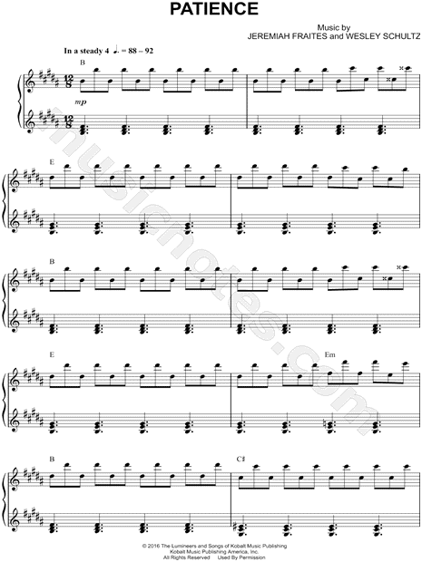 The Lumineers "Patience" Sheet Music (Piano Solo) in B ...