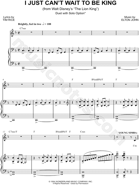 I Just Can T Wait To Be King From The Lion King Sheet Music In F Major Transposable Download Print Sku Mn