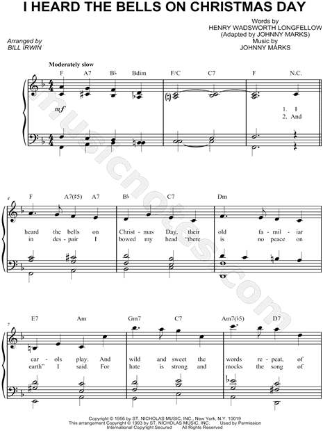 Johnny Marks "I Heard the Bells on Christmas Day" Sheet Music in F Major - Download & Print ...