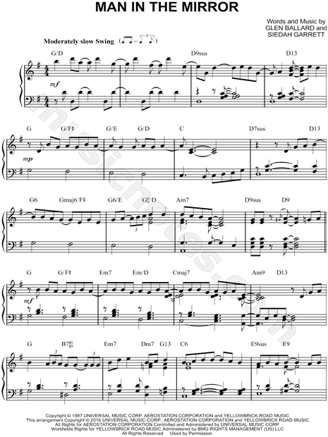Michael Jackson Man In The Mirror Sheet Music Piano Solo In G Major Download Print Sku Mn0163380