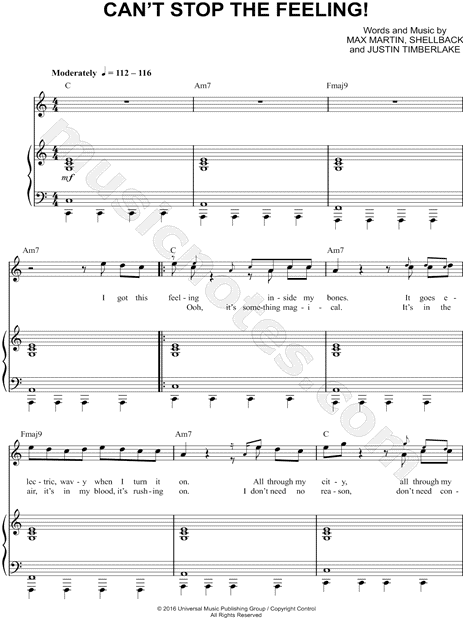 Justin Timberlake Can T Stop The Feeling Sheet Music In C Major Transposable Download Print Sku Mn