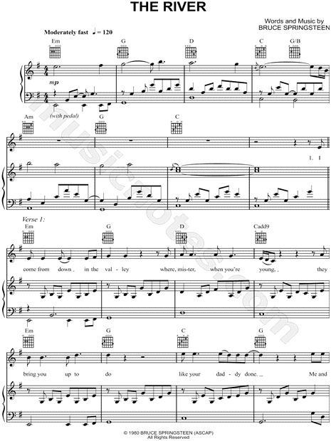 Springsteen "The River" Music in E (transposable) - Download & Print - SKU: