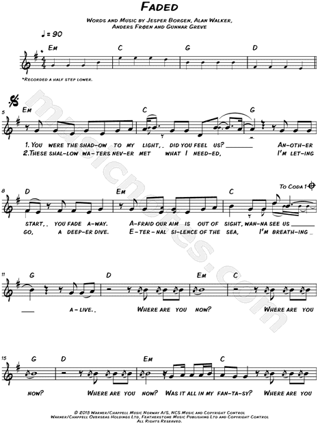 Alan Walker Faded Sheet Music Leadsheet In G Major Download Print Sku Mn