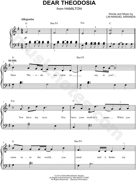 aluminio Abolido estático Dear Theodosia" from 'Hamilton: An American Musical' Sheet Music (Easy Piano)  in G Major (transposable) - Download & Print - SKU: MN0164544