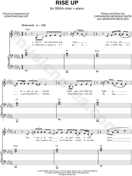 Andra Day Rise Up Arr Jonathan Miller Ssaa Choir Piano Choral Sheet Music In Db Major Download Print Sku Mn0164652