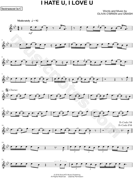 Gnash Feat Olivia O Brien I Hate U I Love U C Instrument Sheet Music Flute Violin Oboe Or Recorder In G Minor Download Print Sku Mn