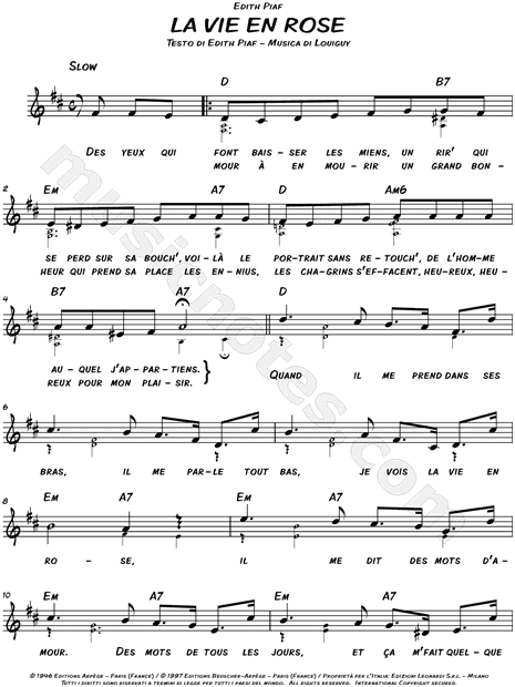 Edith Piaf La Vie En Rose Sheet Music Leadsheet In D Major Transposable Download Print Sku Mn0165135 Il me dit des mots d'amour dont je connais la cause. eur