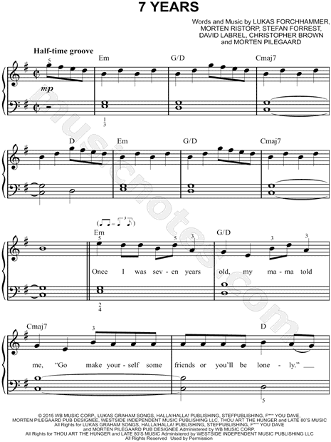 legislación volatilidad error Lukas Graham "7 Years" Sheet Music (Easy Piano) in E Minor - Download &  Print - SKU: MN0168580