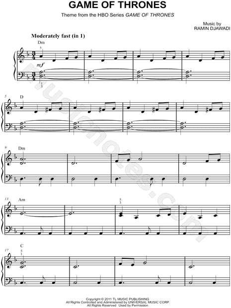 promedio Golpeteo Caracterizar Game of Thrones" from 'Game of Thrones' Sheet Music (Easy Piano) (Piano Solo)  in D Minor - Download & Print - SKU: MN0168678