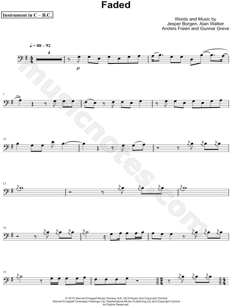 Alan Walker Faded Bass Clef Instrument Sheet Music Cello Trombone Bassoon Baritone Horn Or Double Bass In E Minor Download Print Sku Mn