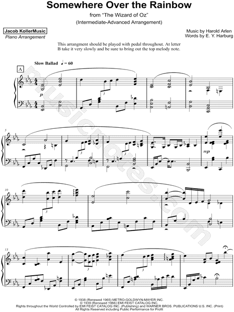 Jacob Koller Over The Rainbow Sheet Music Piano Solo In Eb Major Download Print Sku Mn