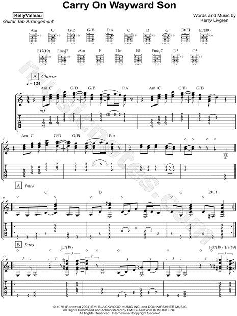 Kelly Valleau Carry On Wayward Son Guitar Tab In A Minor Download Print Sku Mn