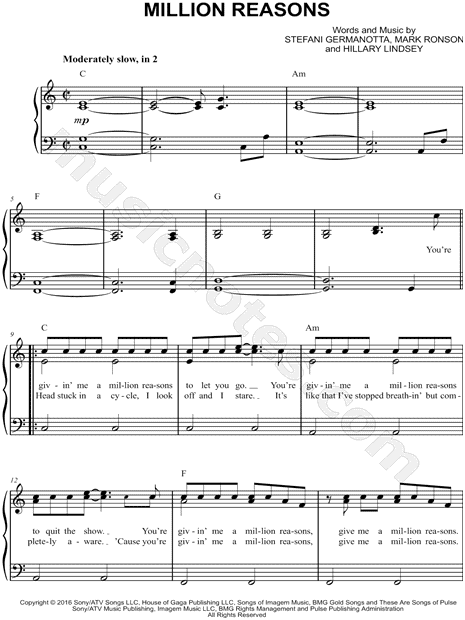 Lady Gaga "Million Reasons" Sheet Music (Easy Piano) in C ...