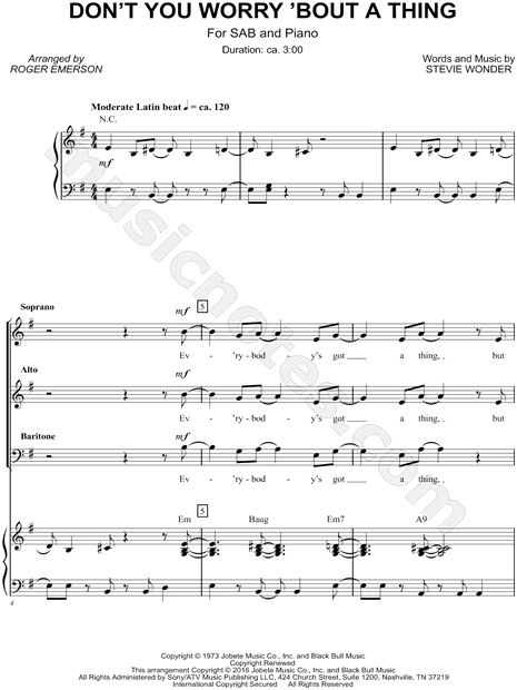 Stevie Wonder Don T You Worry Bout A Thing Arr Roger Emerson Sab Choir Piano Choral Sheet Music In E Minor Download Print Sku Mn