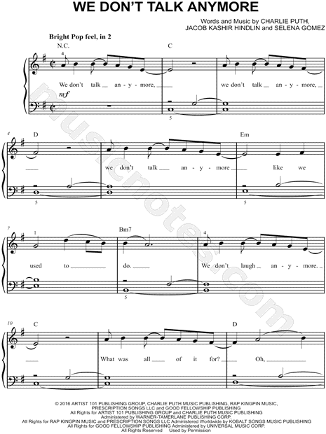 Charlie Puth Feat Selena Gomez We Don T Talk Anymore Sheet Music Easy Piano In G Major Download Print Sku Mn
