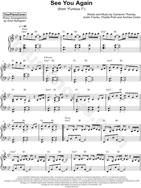 Yourpianocover See You Again Sheet Music Piano Solo In Bb
