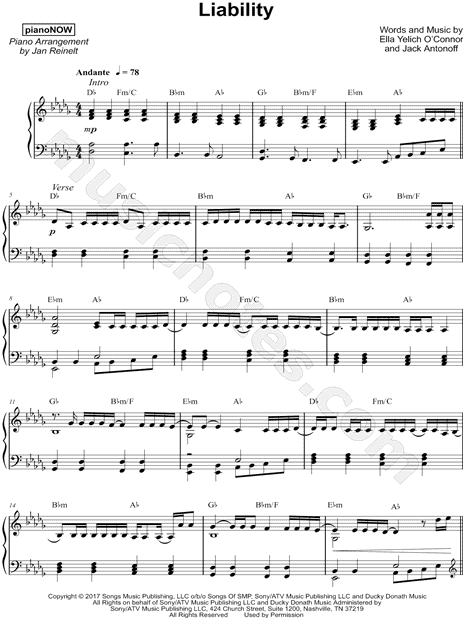 PianoNOW "Liability" Sheet Music (Piano Solo) in Db Major 