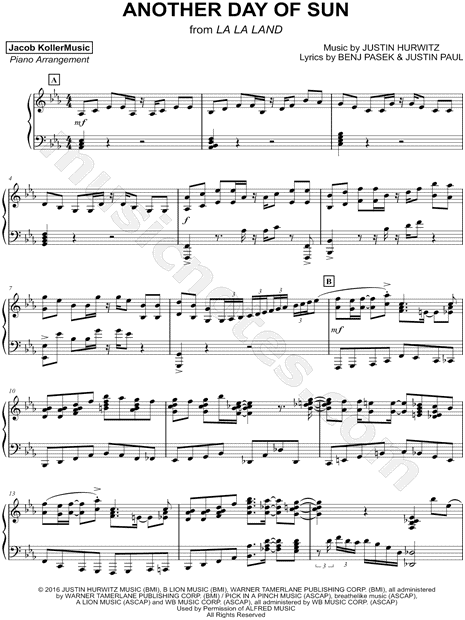 Jacob Koller "Another Day of Sun" Sheet Music (Piano Solo) in Eb Major