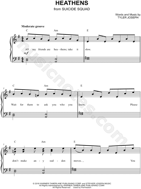 popular Conductividad Minúsculo Twenty One Pilots "Heathens" Sheet Music (Easy Piano) in G Major - Download  & Print - SKU: MN0172922