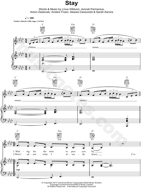 Zedd Feat Alessia Cara Stay Sheet Music In Ab Major Download Print Sku Mn