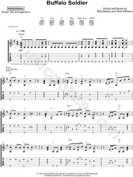 Kelly Valleau "Buffalo Soldier" Guitar Tab in G Major - Download & Print - MN0173722