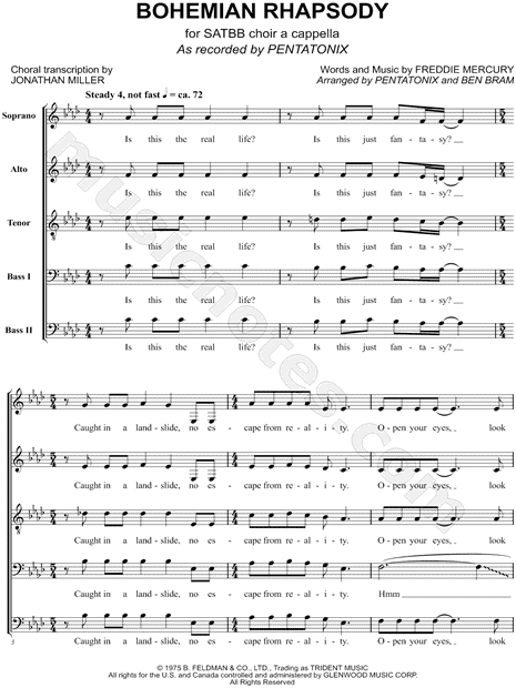 Pentatonix Bohemian Rhapsody Arr Pentatonix Ben Bram Satbb Choir A Cappella Choral Sheet Music In Ab Major Download Print Sku Mn0173756