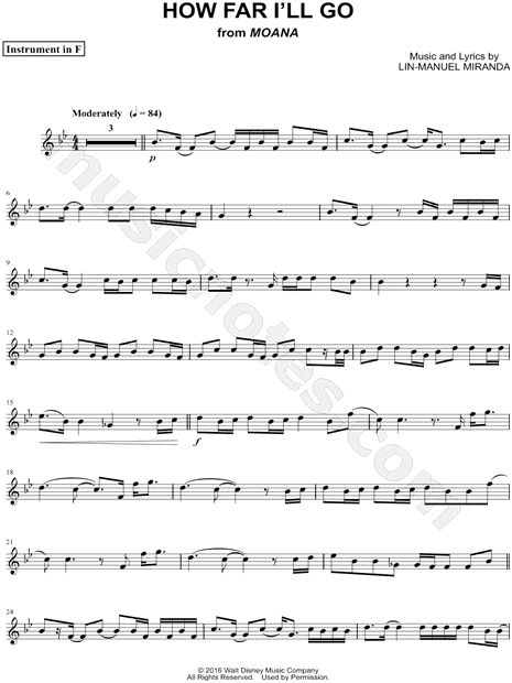 How Far I Ll Go Movie Version F Instrument From Moana Sheet Music In Bb Major Download Print Sku Mn0174074