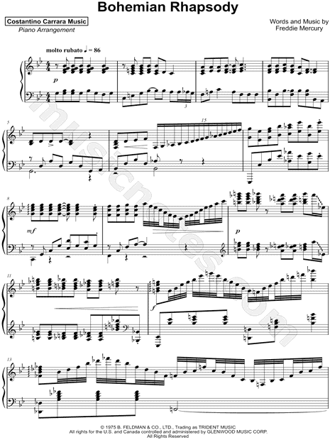 Costantino Carrara quot;Bohemian Rhapsodyquot; Sheet Music Piano Solo in Bb Major  Download  Print 