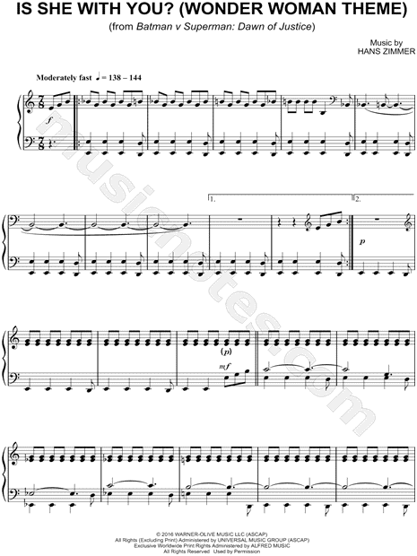 Is She With You? (Wonder Woman Theme)" from 'Batman v Superman: Dawn of Justice' Sheet Music (Piano Solo) A Minor - Download & Print - SKU: MN0176367