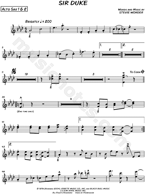 Stevie Wonder Sir Duke Alto Sax 1 2 Parts Sheet Music In Ab Major Download Print Sku Mn0176422