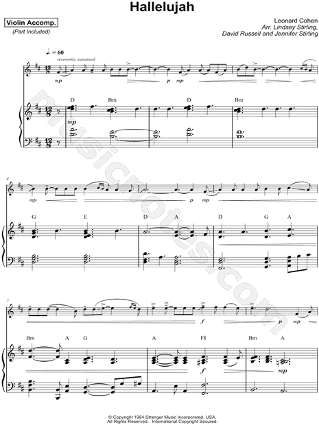 Lindsey Stirling Hallelujah Violin Piano Sheet Music In D Major Transposable Download Print Sku Mn