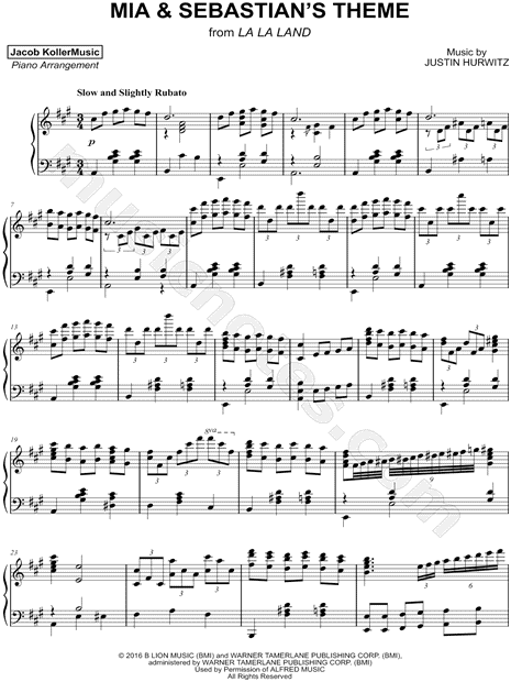 Jacob Koller "Mia & Sebastian's Theme" Music (Piano Solo) in A Major - Download & Print - SKU: MN0176568