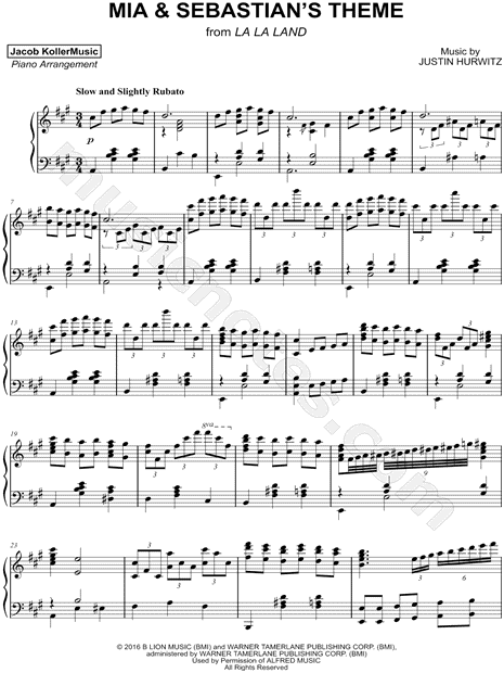 Jacob Koller "Mia & Sebastian's Theme" Sheet Music (Piano Solo) in A