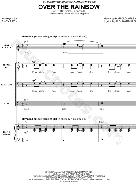 IZ "Over the Rainbow" (arr. Andy Beck) TTBB Choir + Piano Choral Sheet