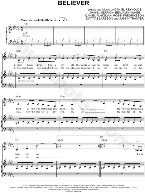 Imagine Dragons Believer Sheet Music In Minor Transposable Download Print Sku Mn