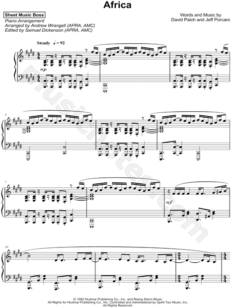 Sheet Music Boss "Africa" Music (Piano Solo) in E Major (transposable) - Download & Print - SKU: MN0176965
