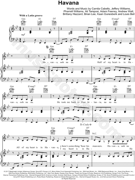 Camila Cabello Feat Young Thug Havana Sheet Music In G Minor Transposable Download Print Sku Mn0177083 - sheet music for havana in roblox piano