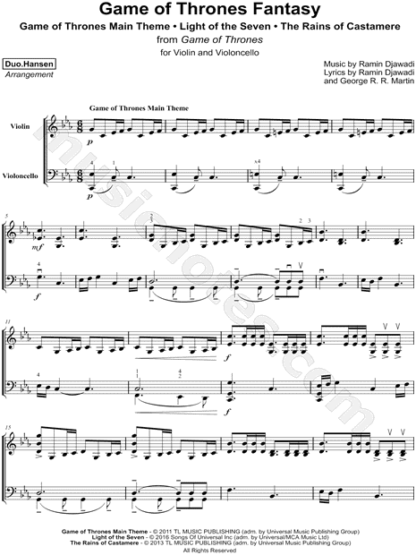 Duo Hansen Game Of Thrones Fantasy Sheet Music In C Minor Download Print Sku Mn0177120