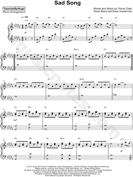 TutorialsByHugo "Sad Song" Sheet Music (Piano Solo) in Db Major