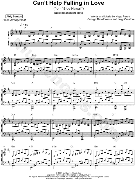 Aldy Santos Can T Help Falling In Love Accompaniment Only Sheet Music Piano Solo In D Major Download Print Sku Mn