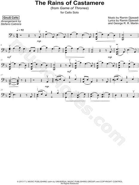 Gnus Cello The Rains Of Castamere Sheet Music Cello Solo In D Minor Download Print Sku Mn