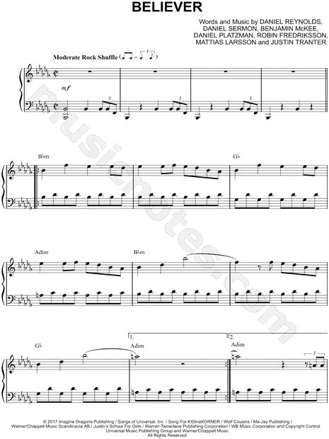 Imagine Dragons "Believer" Sheet Music (Piano Solo) in Bb Minor (transposable) - Download ...