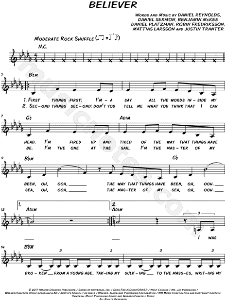 Imagine Dragons Believer Sheet Music Leadsheet In Minor Transposable Download Print Sku Mn