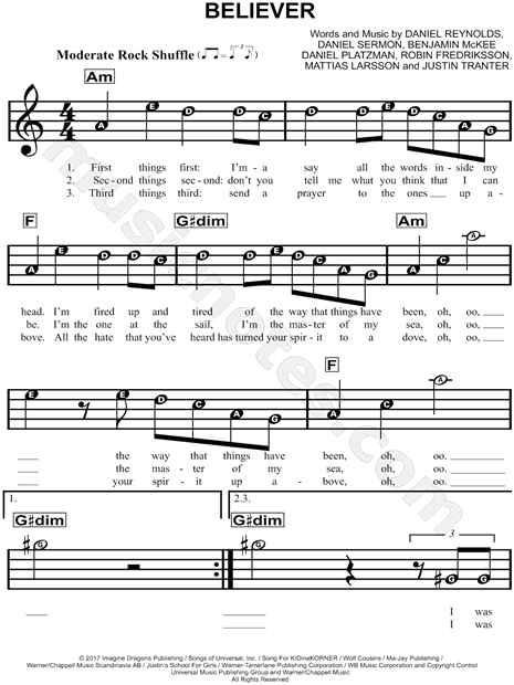 Imagine Dragons Believer Sheet Music For Beginners In A Minor Download Print Sku Mn