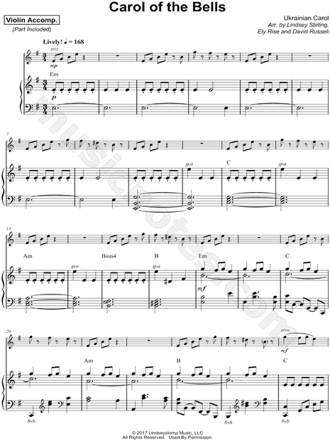 Lindsey Stirling Carol Of The Bells Violin Viola Cello Piano Sheet Music In E Minor Download Print Sku Mn0179475